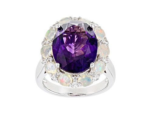 7.23ct Oval Amethyst with 0.85tw Ethiopian Opal and .41ctw White Zircon Rhodium Over Silver Ring - Size 7
