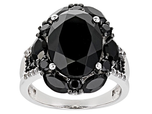8.57ctw Mixed Shape Black Spinel & .23ctw Zircon Rhodium Over Sterling Silver Ring - Size 8