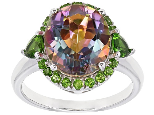 Photo of 4.28ctw Oval Northern Lights™ Quartz & Mixed Shape Russian Chrome Diopside Rhodium Over Silver Ring - Size 8
