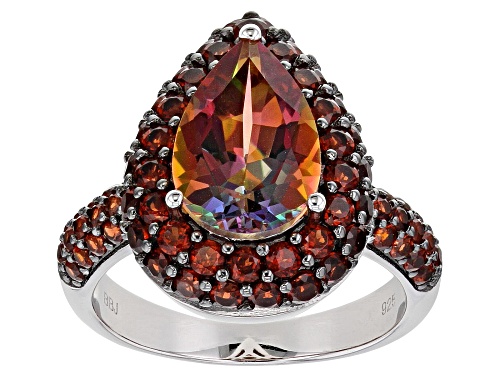 Photo of 2.49ct Pear Shape Northern Lights™ Quartz with 2.00ctw Vermelho Garnet™ Rhodium Over Silver Ring - Size 8
