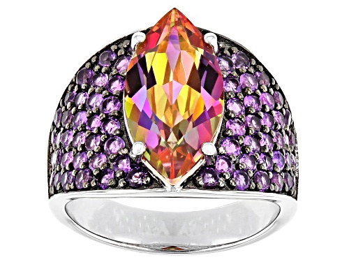 3.64ct Marquise Northern Lights™ Quartz, 1.41ctw African Amethyst Rhodium Over Silver Ring - Size 7