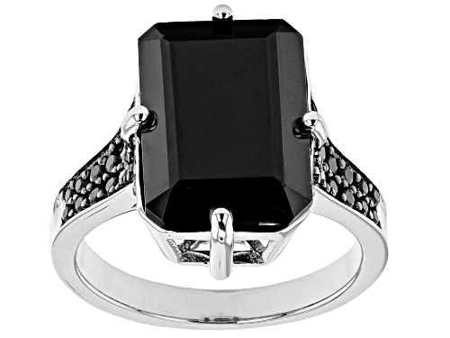 8.08ct Emerald Cut and .37ctw Round Black Spinel Rhodium Over Sterling Silver Ring - Size 8