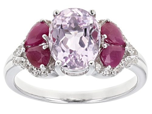 Photo of 1.98ct Oval Kunzite, .68ctw Pear Shape Ruby & .20ctw Round White Zircon Rhodium Over Silver Ring - Size 8