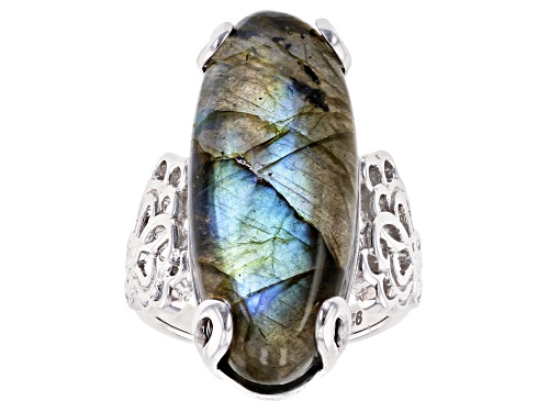 Photo of 30x12mm Oval Cabochon Labradorite Rhodium Over Sterling Silver Solitaire Ring - Size 7