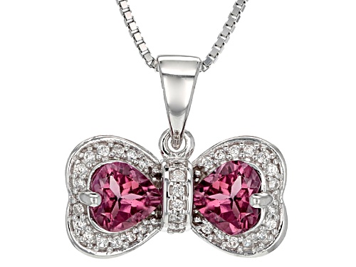 1.19ctw Heart Shape Pink Tourmaline With .20ctw White Zircon Sterling Silver Bow Pendant With Chain