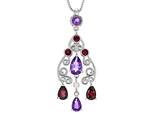 2.27ctw African Amethyst With Rhodolite Garnet And Cultured Freshwater Pearl Silver Pendant W/Chain