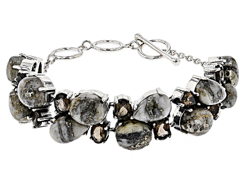 Photo of 11x9mm Oval And 12x8mm Pear Shape Cabochon Pyrite With 7.87ctw Smoky Quartz Sterling Silver Bracelet - Size 7.25