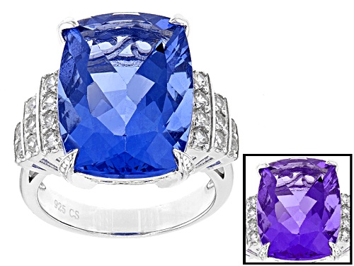 Photo of 17.00ct Color Shift Blue Fluorite & 1.06ctw White Zircon Rhodium Over Sterling Silver Ring - Size 9