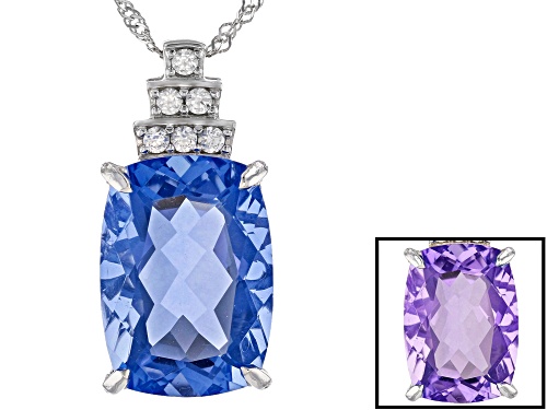 Photo of 17.00ct Color Shift Blue Fluorite With .35ctw White Zircon Rhodium Over Silver Pendant With Chain