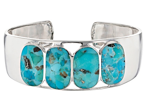 20x12.50mm Rectangular Cushion Blue Turquoise Rhodium Over Sterling Silver Cuff Bracelet - Size 8