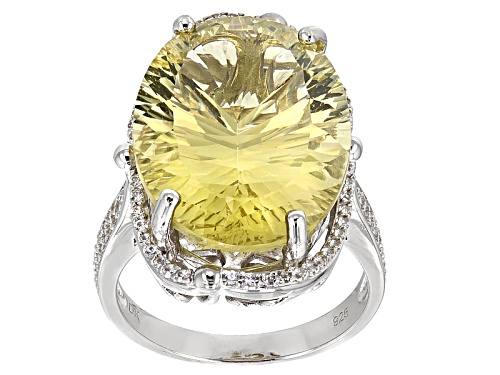 14.03ct Oval Quantum Cut(R) Canary Yellow Quartz With .42ctw Round White Zircon Sterling Silver Ring - Size 5