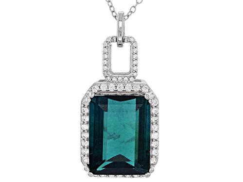 Photo of 12.39ct Emerald Cut Teal Fluorite With .79ctw Round White Zircon Sterling Silver Pendant With Chain