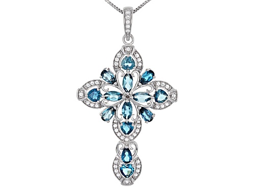 Photo of 3.38ctw Mixed London Blue Topaz With .19ctw White Topaz Rhodium Over Silver Cross Pendant With Chain