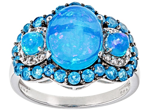 Paraiba Blue Opal, 0.91ctw Blue Apatite With 0.16ctw White Zircon Rhodium Over Sterling Silver Ring - Size 6