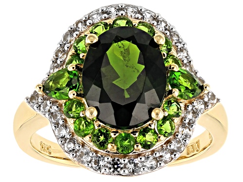 3.00ctw Oval, Pear Shape and Round Chrome Diopside With .59ctw White Zircon 10k Yellow Gold Ring - Size 8