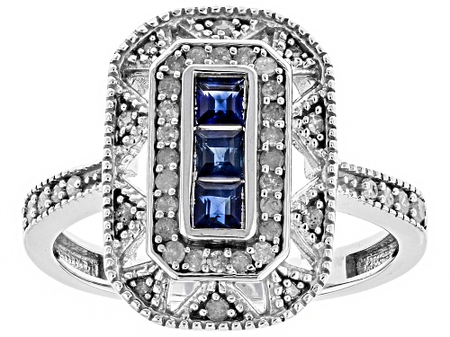 0.35ctw Round White Diamond And 0.40ctw Princess Cut Blue Sapphire Rhodium Over Sterling Silver Ring - Size 5