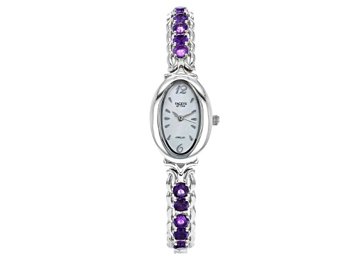 3.83ctw Round African Amethyst Rhodium Over Brass "Facets of Time" Watch