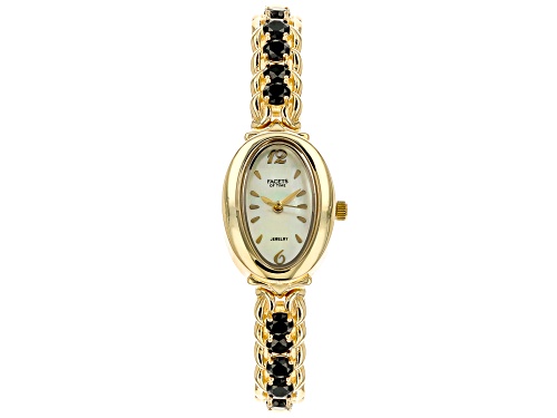Photo of Facets of Time™ 4.67ctw Round Black Spinel 18k Yellow Gold Over Brass Watch