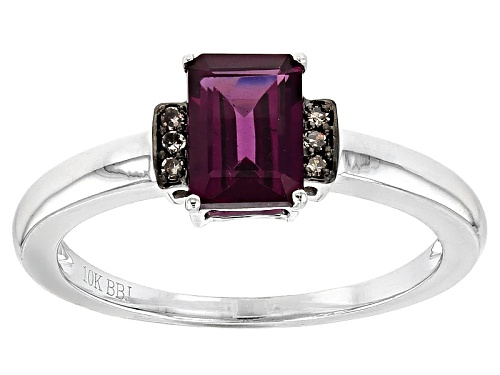 Photo of 1.02Ct Emerald Cut Grape Color Garnet With .03CTW Round Champagne Diamond Accent 10K White Gold Ring - Size 6