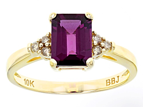 Photo of 1.57ct Emerald Cut Grape Color Garnet With .08ctw Champagne Diamond Accents 10k Yellow Gold Ring - Size 6