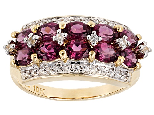 1.96Ctw Oval Grape Color Garnet With .20Ctw Round White Zircon 10K Yellow Gold Band Ring - Size 7