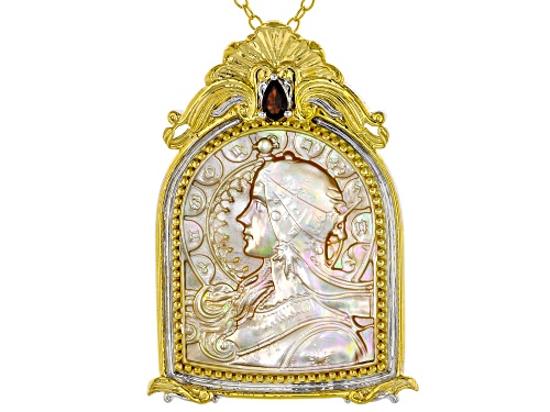 30x24mm Mother-of-Pearl, .27ct Garnet Rhodium/24k Gold Over Palladium Silver Brooch/Pendant W/Chain
