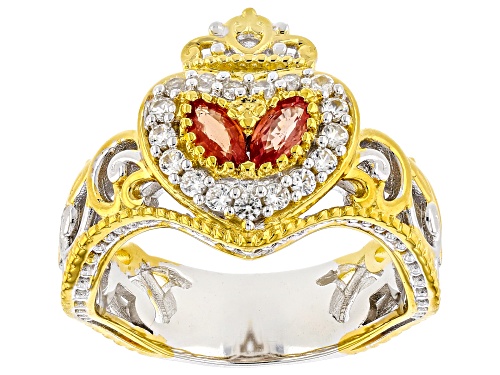 0.68ctw Padparascha Sapphire, White Zircon Rhodium/24k Gold Over Palladium Sterling Silver Ring - Size 9