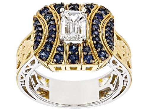 1.73ctw Lab Grown Diamond, Blue Sapphire Rhodium/24k Gold Over Palladium Sterling Silver Ring - Size 8