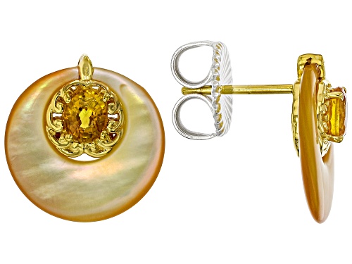 0.87ctw Sapphire With 15mm Mother-of-Pearl Rhodium/24k Gold Over Palladium Sterling Silver Earrings