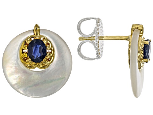 0.84ctw Blue Sapphire, White Mother-of-Pearl Rhodium/24k Gold Over Palladium Silver Earrings