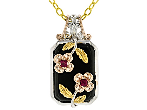 .08ctw Ruby, 14x10mm Black Onyx Rhodium/18k/24k Gold Over Palladium Silver Pendant/Chain