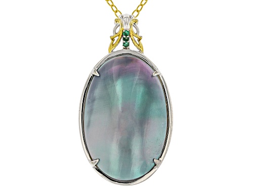 Cultured Mabe Pearl, .03ctw Grizzly Emerald Rhodium/24k Gold Over Palladium Silver Pendant/Chain
