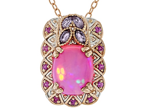 3.62ctw Ethiopian Pink Opal, Amethyst, Sapphire Rhodium/18k Gold Over Palladium Silver Pendant/Chain