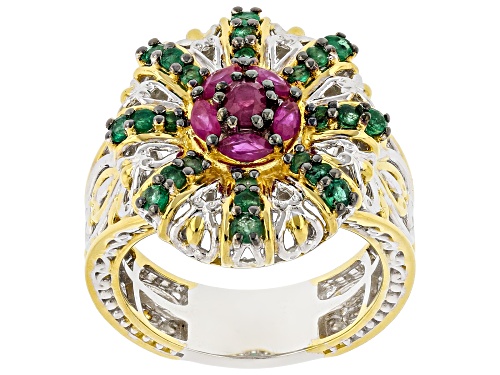 1.10ctw Ruby, Grizzly Emerald Rhodium/24k Yellow Gold Over Palladium Sterling Silver Ring - Size 9
