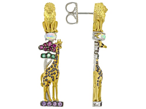 2.16ctw Multi-Gemstone Rhodium & 24k Gold Over Palladium Sterling Silver Safari Earrings