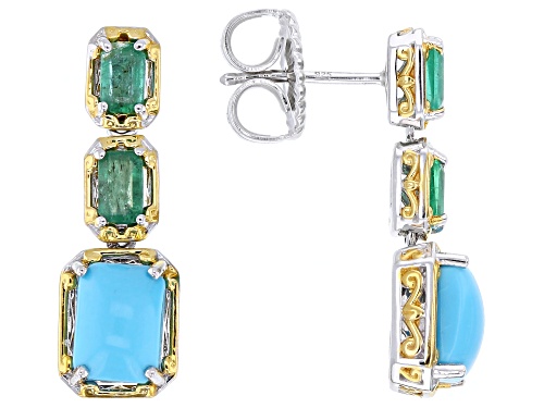 Sleeping Beauty Turquoise, 1.09ctw Grizzly Emerald Rhodium/24k Gold Over Palladium Silver Earrings