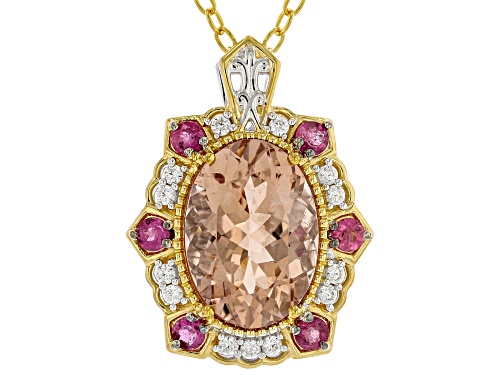 6.26ctw Morganite, Rubellite, Zircon Rhodium/18k/24k Gold Over Palladium Silver Pendant W/Chain