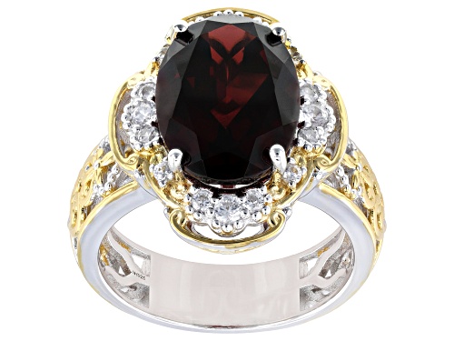 6.00ct Almandine Garnet, 0.48ctw White Zircon Rhodium/24k Gold Over Palladium Sterling Silver Ring - Size 7