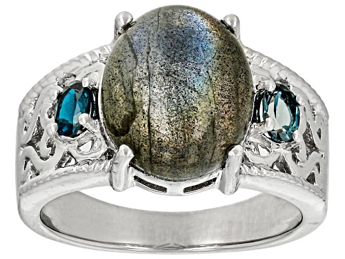 12x10mm Labradorite And 0.20ctw London Blue Topaz Rhodium Over Sterling Silver Ring - Size 7