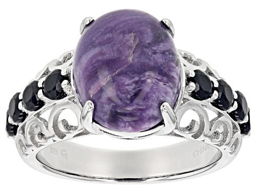 12x10mm Oval Cabochon Charoite With 1.14ctw Round Black Spinel Sterling Silver Ring - Size 7