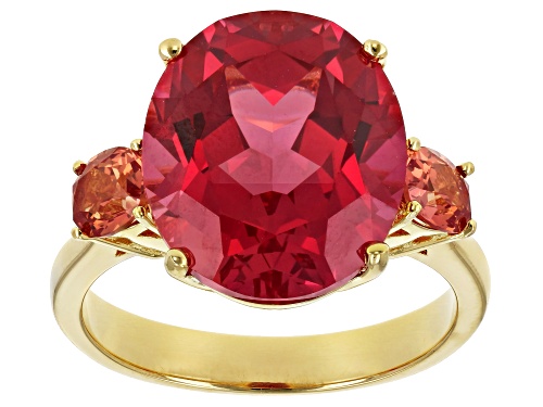 Photo of 9.28ctw oval Lab created padparadsha sapphire 18k yellow gold over sterling silver 3-stone ring - Size 5