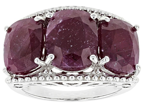 12.75CTW CUSHION INDIAN RUBY RHODIUM OVER STERLING SILVER 3-STONE RING - Size 6