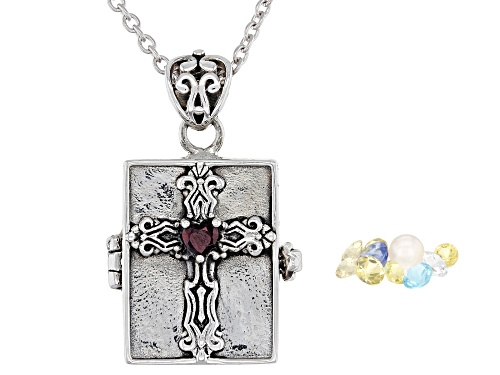 .10ct Vermelho Garnet™Cultured Freshwater Pearl,  Multi Gem Rhodium Over Silver Prayer Box Pendant