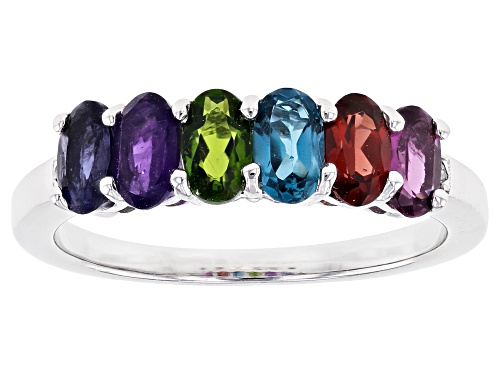 1.32ctw Oval Multi-Gem with .01ctw Round Two Diamond Accent Rhodium Over Silver Band Ring - Size 8
