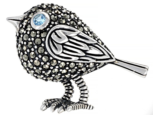 .08ct round Swiss blue topaz with round marcasite  sterling silver bird brooch