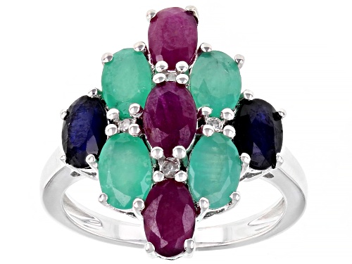 3.86ctw Ruby, Emerald, Sapphire & .03ctw Four Diamond Accent Rhodium Over Sterling Silver Ring - Size 7