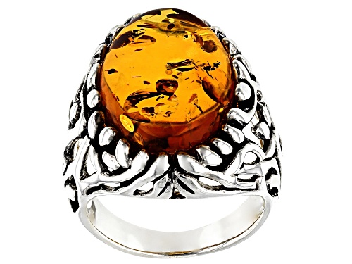 18x13mm Oval Amber Rhodium Over Sterling Silver Solitaire Ring - Size 7