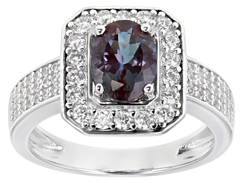 Photo of 1.23CT OVAL LAB ALEXANDRITE WITH .57CTW WHITE ZIRCON RHODIUM OVER STERLING SILVER RING - Size 9