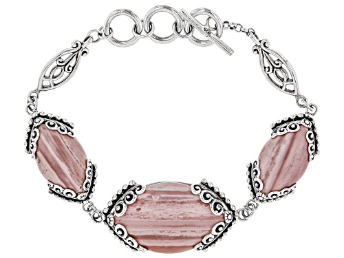 Photo of 30x20mm and 22x13mm Marquise Cabochon Pink Mookaite Rhodium Over Sterling Silver 3-Stone Bracelet - Size 7.25