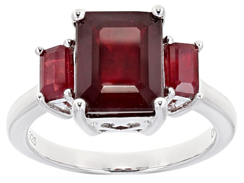 4.77ctw Emerald Cut Mahaleo(R) Ruby Rhodium Over Sterling Silver 3-Stone Ring - Size 7